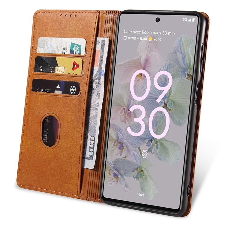 Full Protection Leather Phone Case For Google Pixel 6a , Wallet Stand Calf Texture Magnetic Closure Phone Cover - Khaki