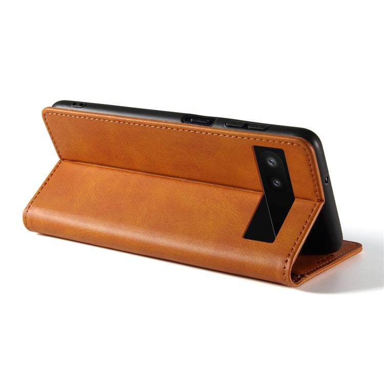 Full Protection Leather Phone Case For Google Pixel 6a , Wallet Stand Calf Texture Magnetic Closure Phone Cover - Khaki
