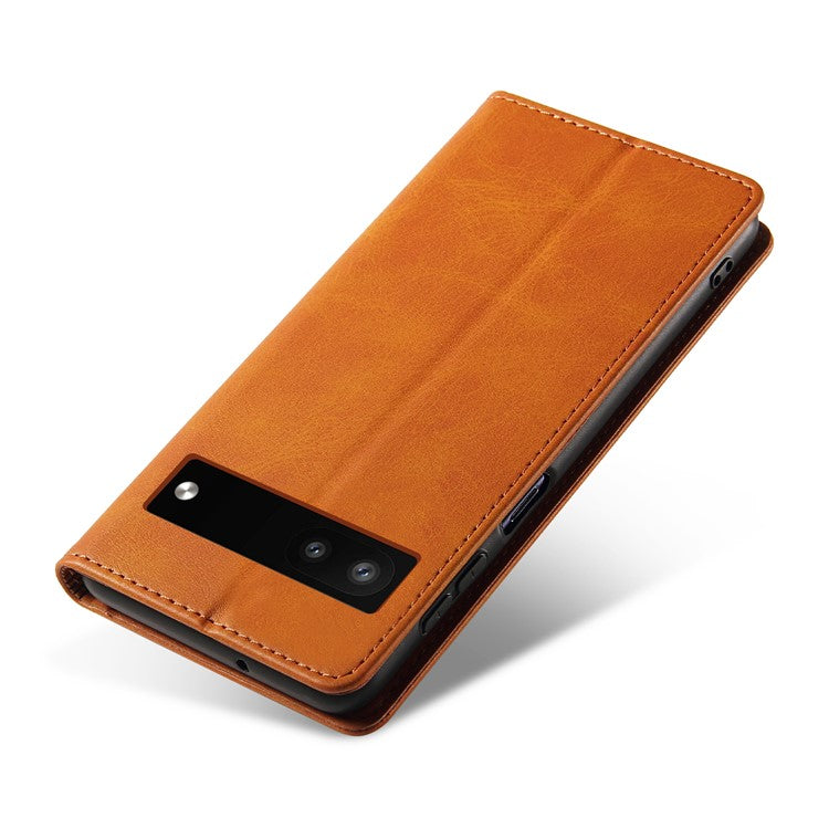 Full Protection Leather Phone Case For Google Pixel 6a , Wallet Stand Calf Texture Magnetic Closure Phone Cover - Khaki