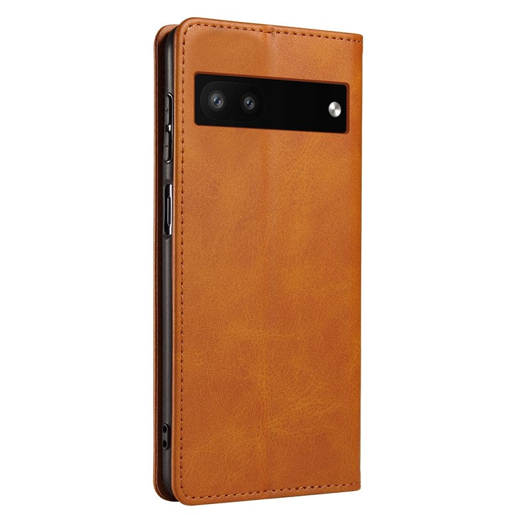 Full Protection Leather Phone Case For Google Pixel 6a , Wallet Stand Calf Texture Magnetic Closure Phone Cover - Khaki