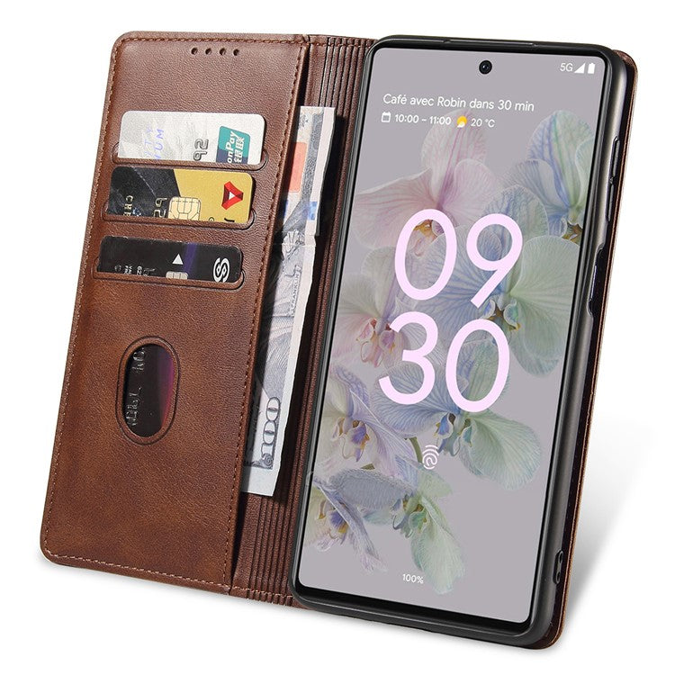 Full Protection Leather Phone Case For Google Pixel 6a , Wallet Stand Calf Texture Magnetic Closure Phone Cover - Brown