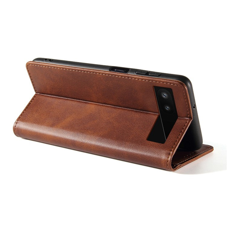 Full Protection Leather Phone Case For Google Pixel 6a , Wallet Stand Calf Texture Magnetic Closure Phone Cover - Brown