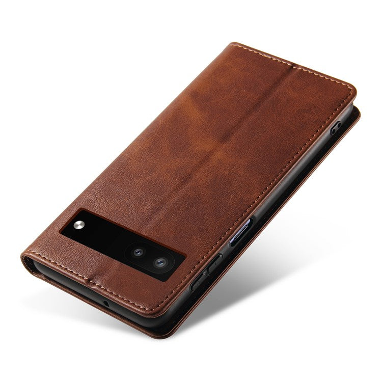 Full Protection Leather Phone Case For Google Pixel 6a , Wallet Stand Calf Texture Magnetic Closure Phone Cover - Brown