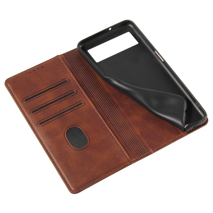 Full Protection Leather Phone Case For Google Pixel 6a , Wallet Stand Calf Texture Magnetic Closure Phone Cover - Brown