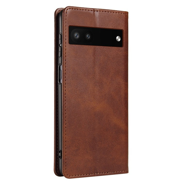 Full Protection Leather Phone Case For Google Pixel 6a , Wallet Stand Calf Texture Magnetic Closure Phone Cover - Brown