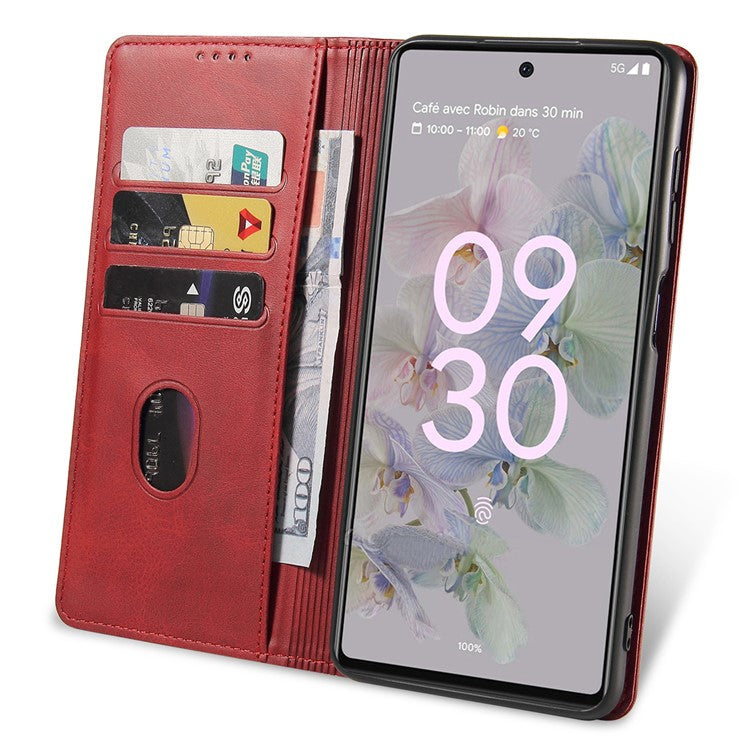 Full Protection Leather Phone Case For Google Pixel 6a , Wallet Stand Calf Texture Magnetic Closure Phone Cover - Red