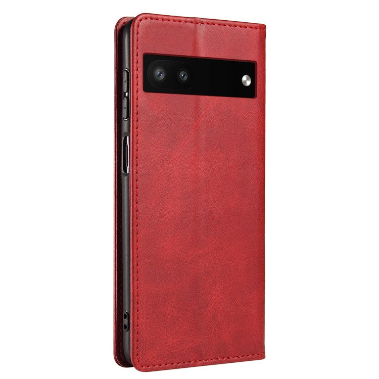 Full Protection Leather Phone Case For Google Pixel 6a , Wallet Stand Calf Texture Magnetic Closure Phone Cover - Red