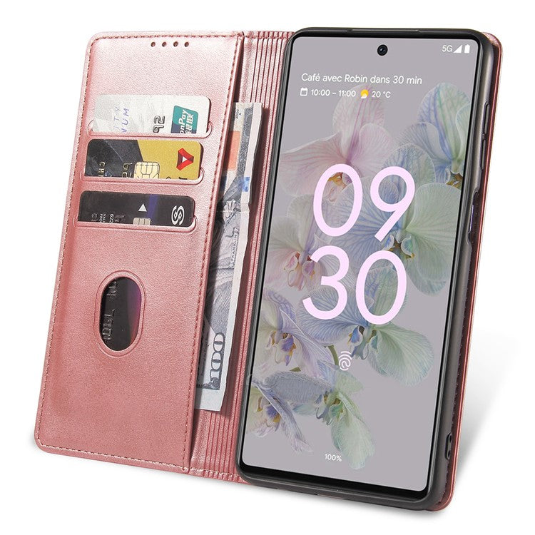 Full Protection Leather Phone Case For Google Pixel 6a , Wallet Stand Calf Texture Magnetic Closure Phone Cover - Rose Gold