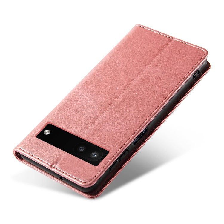Full Protection Leather Phone Case For Google Pixel 6a , Wallet Stand Calf Texture Magnetic Closure Phone Cover - Rose Gold
