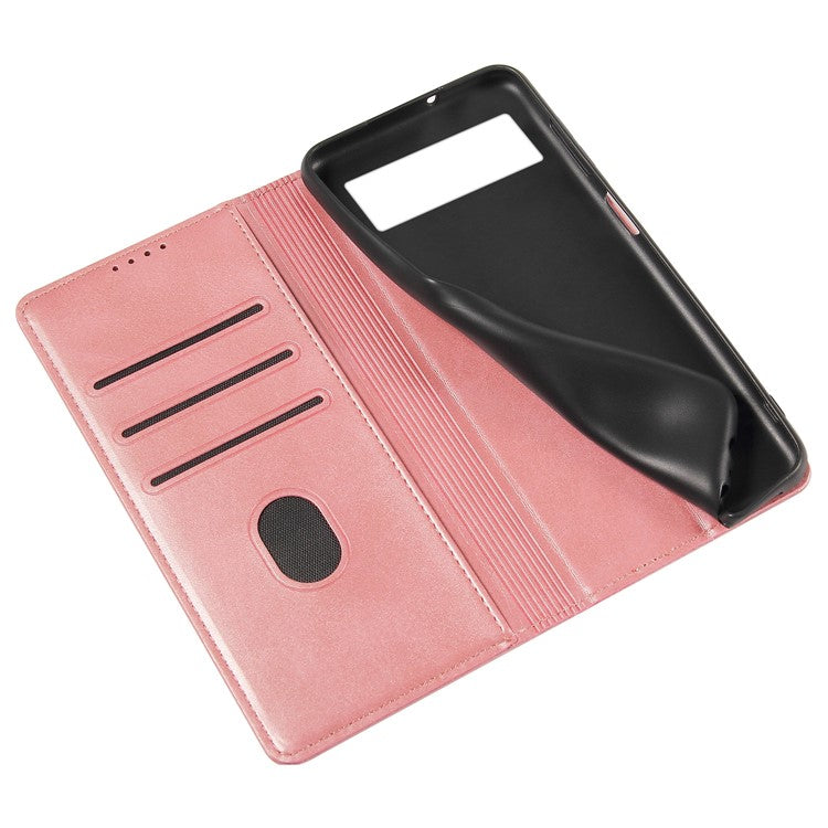 Full Protection Leather Phone Case For Google Pixel 6a , Wallet Stand Calf Texture Magnetic Closure Phone Cover - Rose Gold