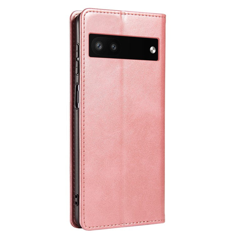 Full Protection Leather Phone Case For Google Pixel 6a , Wallet Stand Calf Texture Magnetic Closure Phone Cover - Rose Gold