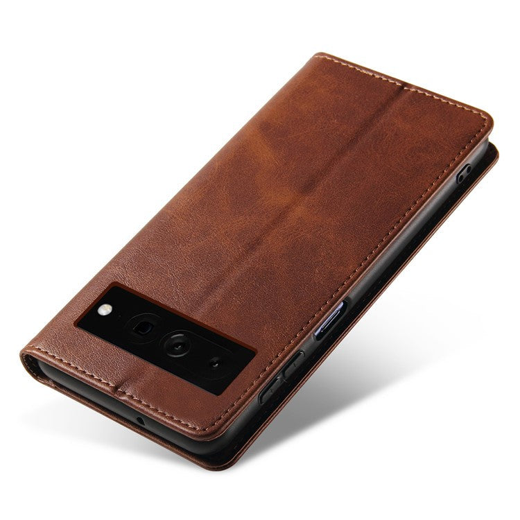 For Google Pixel 7 Pro 5G Magnetic Phone Cover Calf Texture Wallet Leather Stand Phone Case - Brown