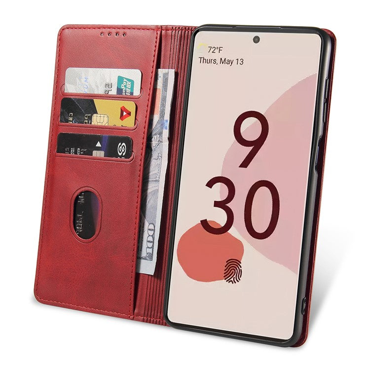 For Google Pixel 7 Pro 5G Magnetic Phone Cover Calf Texture Wallet Leather Stand Phone Case - Red