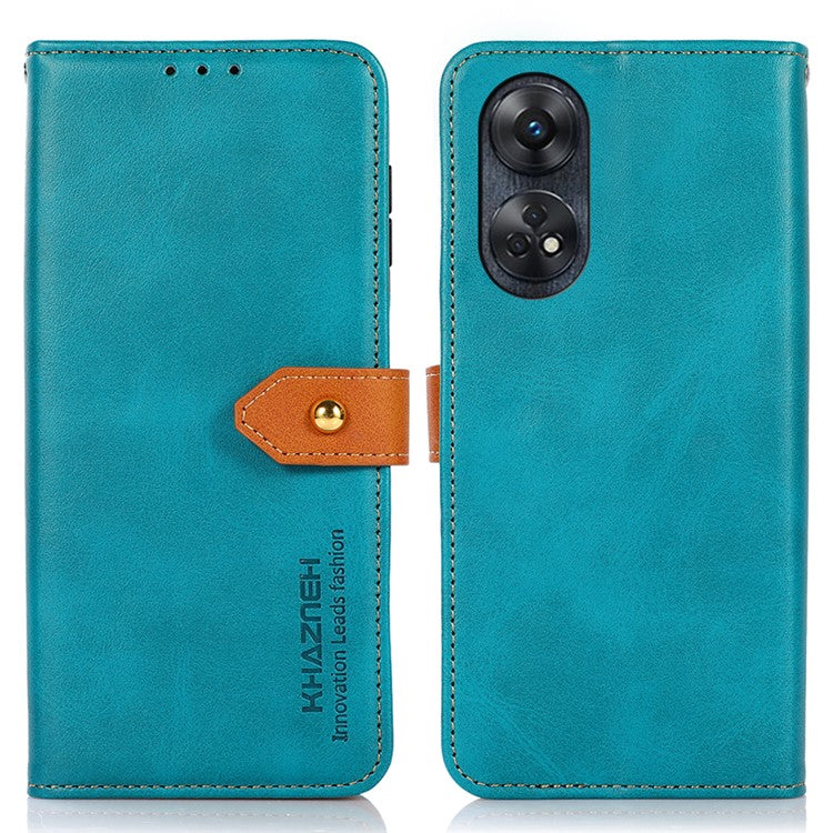 KHAZNEH For Oppo Reno8 T 4G Cowhide Texture Phone Case Gold Button Clasp PU Leather Wallet Cover with Stand - Blue