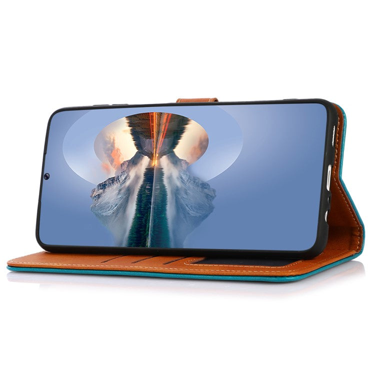 KHAZNEH For Oppo Reno8 T 4G Cowhide Texture Phone Case Gold Button Clasp PU Leather Wallet Cover with Stand - Blue
