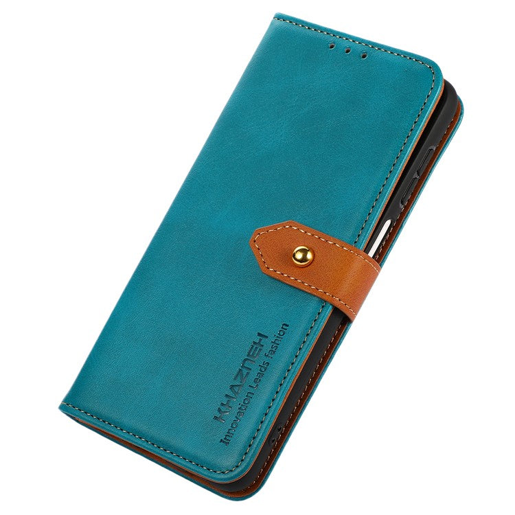 KHAZNEH For Oppo Reno8 T 4G Cowhide Texture Phone Case Gold Button Clasp PU Leather Wallet Cover with Stand - Blue