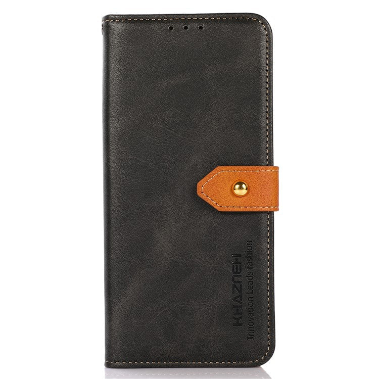 KHAZNEH For Oppo Reno8 T 4G Cowhide Texture Phone Case Gold Button Clasp PU Leather Wallet Cover with Stand - Black
