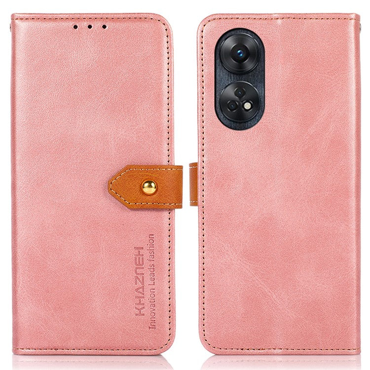 KHAZNEH For Oppo Reno8 T 4G Cowhide Texture Phone Case Gold Button Clasp PU Leather Wallet Cover with Stand - Rose Gold
