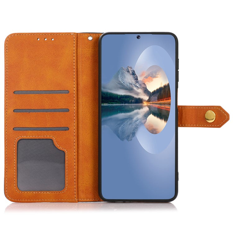 KHAZNEH For Oppo Reno8 T 4G Cowhide Texture Phone Case Gold Button Clasp PU Leather Wallet Cover with Stand - Brown
