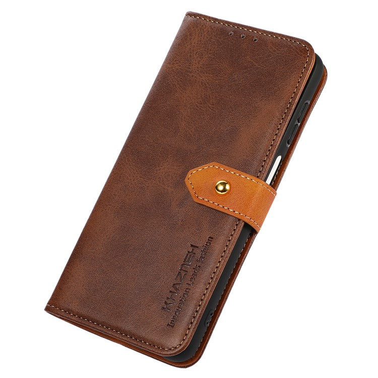 KHAZNEH For Oppo Reno8 T 4G Cowhide Texture Phone Case Gold Button Clasp PU Leather Wallet Cover with Stand - Brown