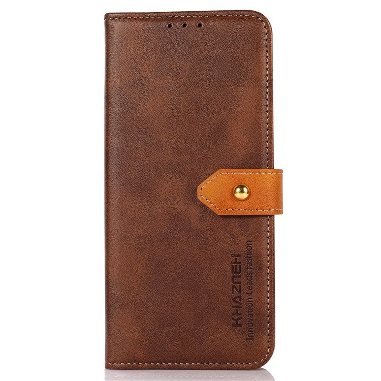 KHAZNEH For Oppo Reno8 T 4G Cowhide Texture Phone Case Gold Button Clasp PU Leather Wallet Cover with Stand - Brown