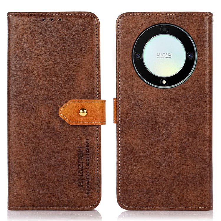 KHAZNEH For Honor X9a 5G / X40 5G / Magic5 Lite 5G Gold Button PU Leather Cowhide Texture Phone Stand Case Wallet Cover - Brown