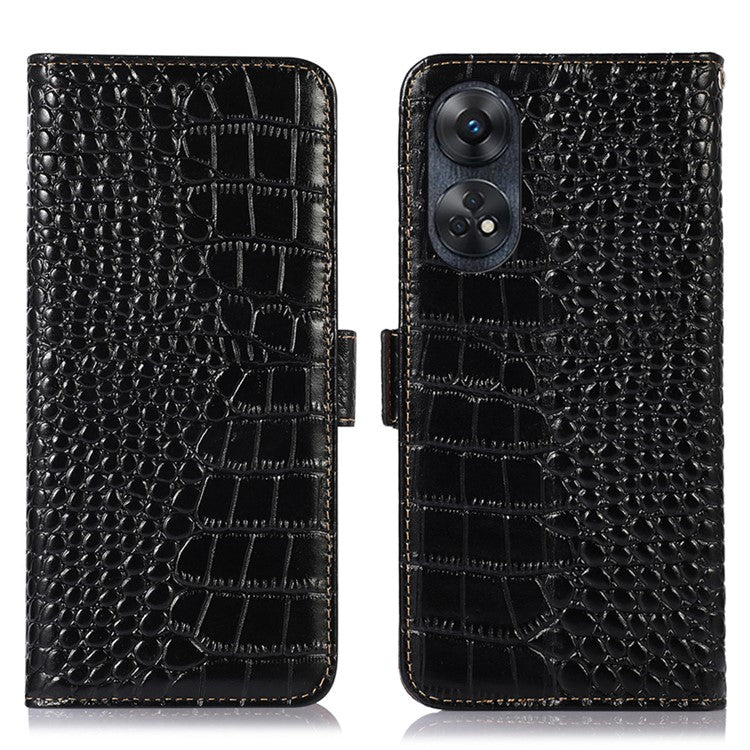 Phone Wallet Case for Oppo Reno8 T 4G RFID Blocking Stand Genuine Cowhide Leather Phone Cover - Black