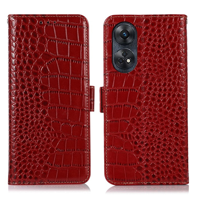 Phone Wallet Case for Oppo Reno8 T 4G RFID Blocking Stand Genuine Cowhide Leather Phone Cover - Red