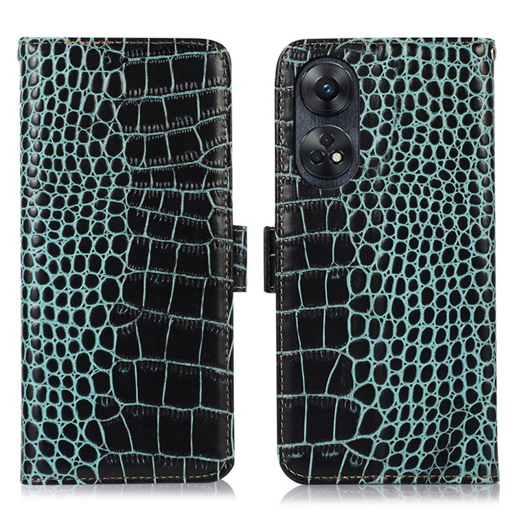 Phone Wallet Case for Oppo Reno8 T 4G RFID Blocking Stand Genuine Cowhide Leather Phone Cover - Green