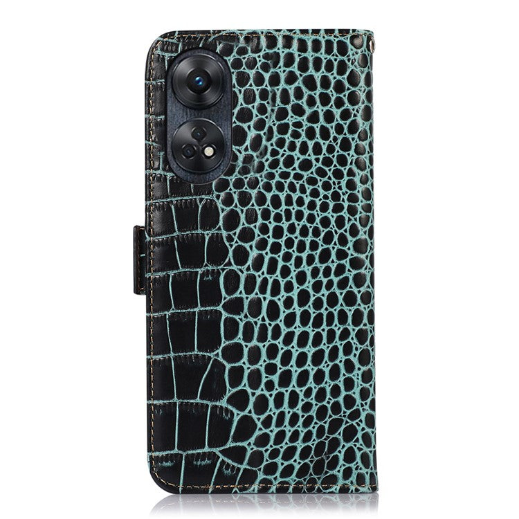 Phone Wallet Case for Oppo Reno8 T 4G RFID Blocking Stand Genuine Cowhide Leather Phone Cover - Green