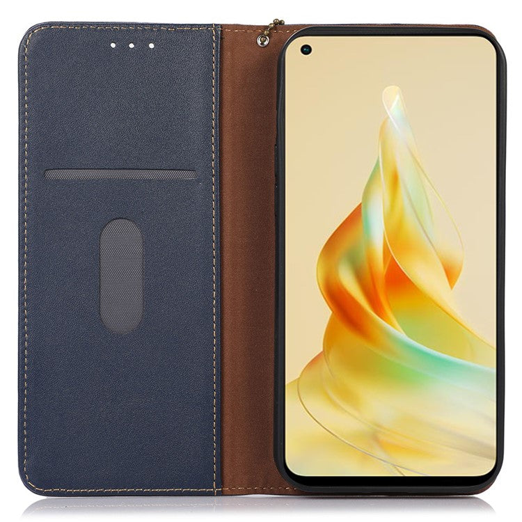 KHAZNEH Phone Wallet Cover for Oppo Reno8 T 4G RFID Blocking Genuine Cowhide Leather Stand Phone Case - Blue