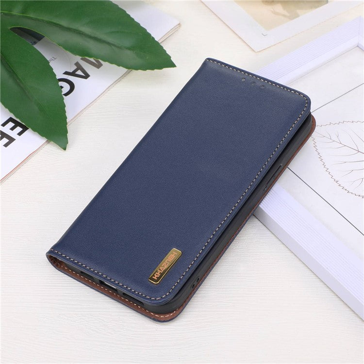 KHAZNEH Phone Wallet Cover for Oppo Reno8 T 4G RFID Blocking Genuine Cowhide Leather Stand Phone Case - Blue