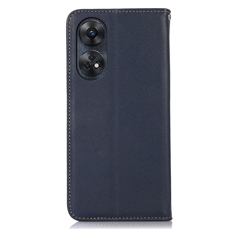 KHAZNEH Phone Wallet Cover for Oppo Reno8 T 4G RFID Blocking Genuine Cowhide Leather Stand Phone Case - Blue