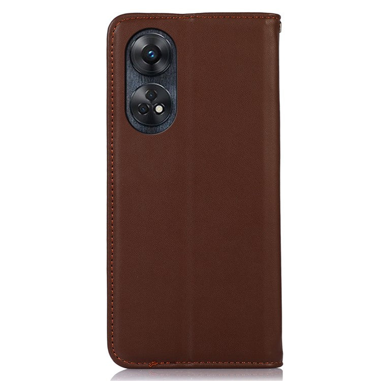 KHAZNEH Phone Wallet Cover for Oppo Reno8 T 4G RFID Blocking Genuine Cowhide Leather Stand Phone Case - Brown