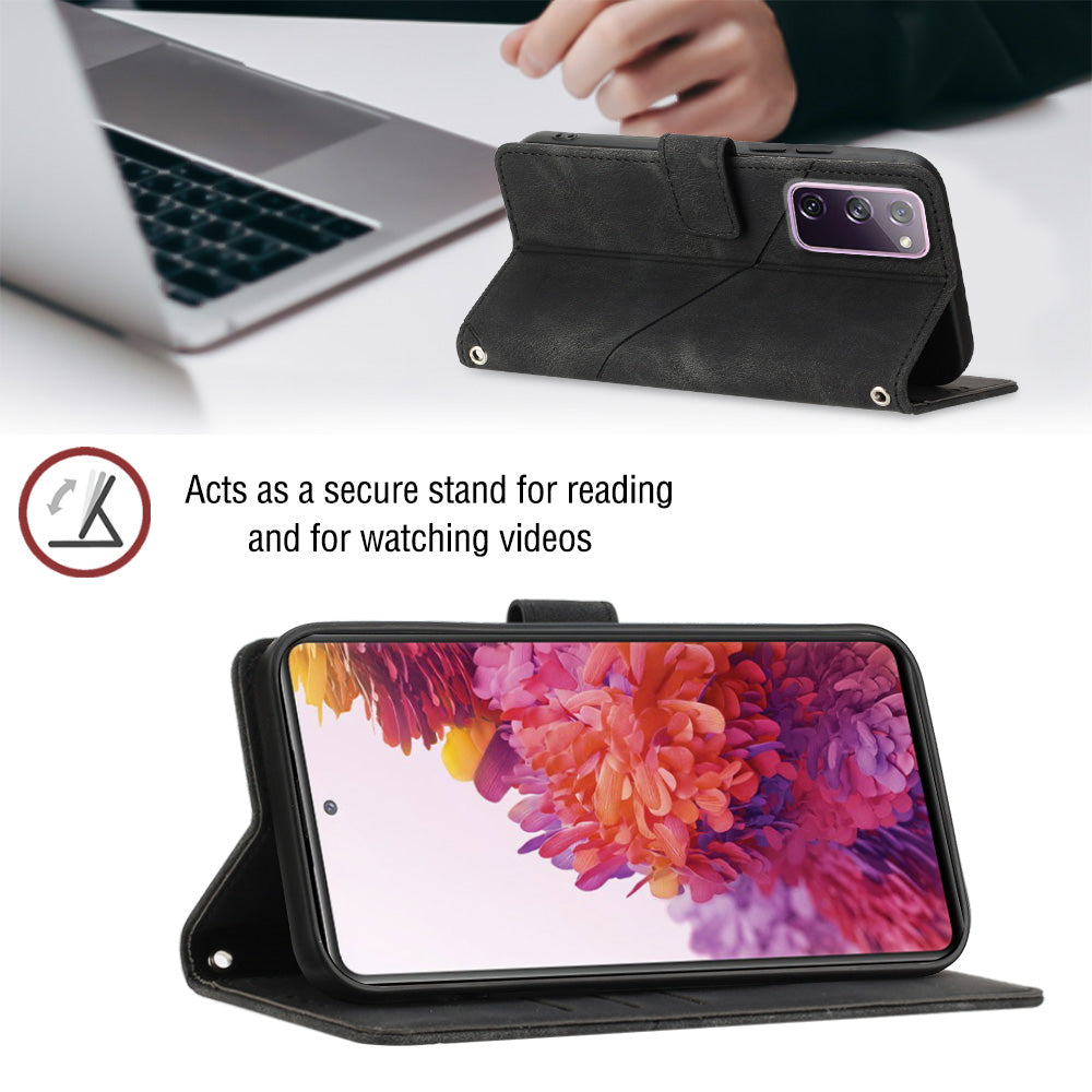 PT005 YB Imprinting Series-6 For Samsung Galaxy S20 FE 5G / S20 FE / S20 FE 2022 / S20 Lite Skin Touch Foldable Stand Phone Case PU Leather Wallet Cover - Black