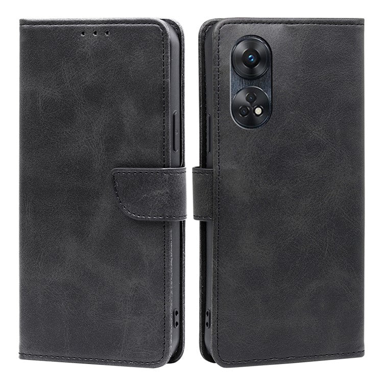 Protective Phone Leather Cover for Oppo Reno8 T 4G Calf Texture Stand Wallet Phone Case - Black