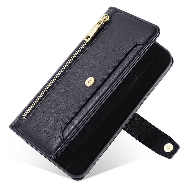 Zipper Pocket Phone Case for Oppo Reno8 T 4G Card Slots Leather Stand Phone Cover with Straps - Black