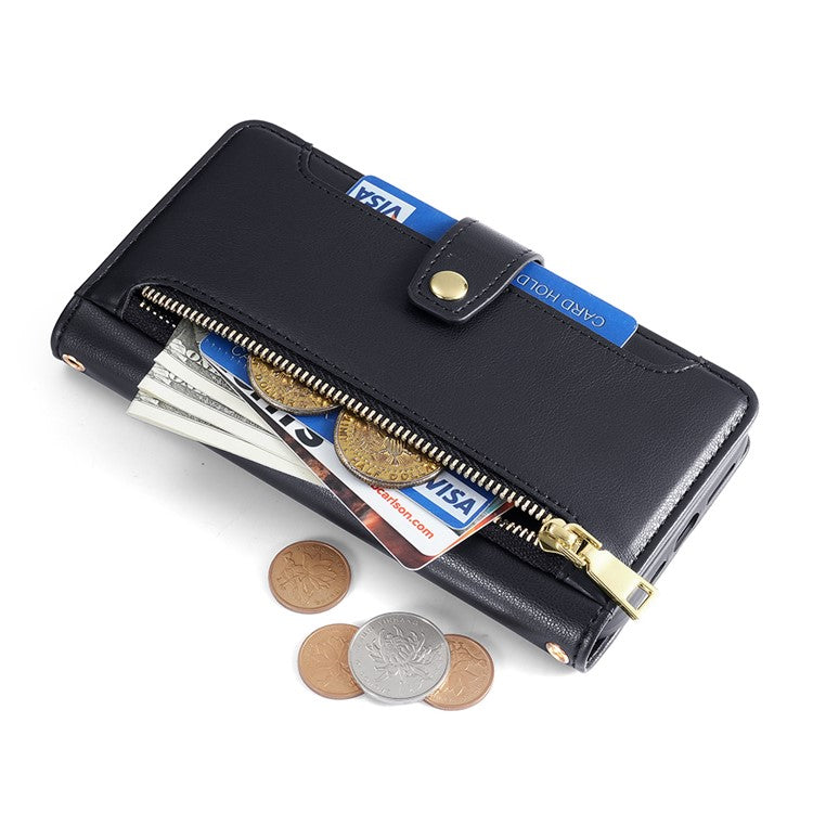 Zipper Pocket Phone Case for Oppo Reno8 T 4G Card Slots Leather Stand Phone Cover with Straps - Black