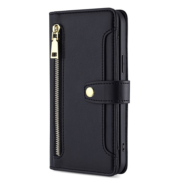 Zipper Pocket Phone Case for Oppo Reno8 T 4G Card Slots Leather Stand Phone Cover with Straps - Black