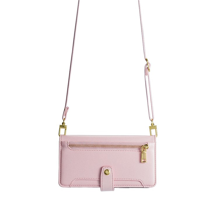 Zipper Pocket Phone Case for Oppo Reno8 T 4G Card Slots Leather Stand Phone Cover with Straps - Pink