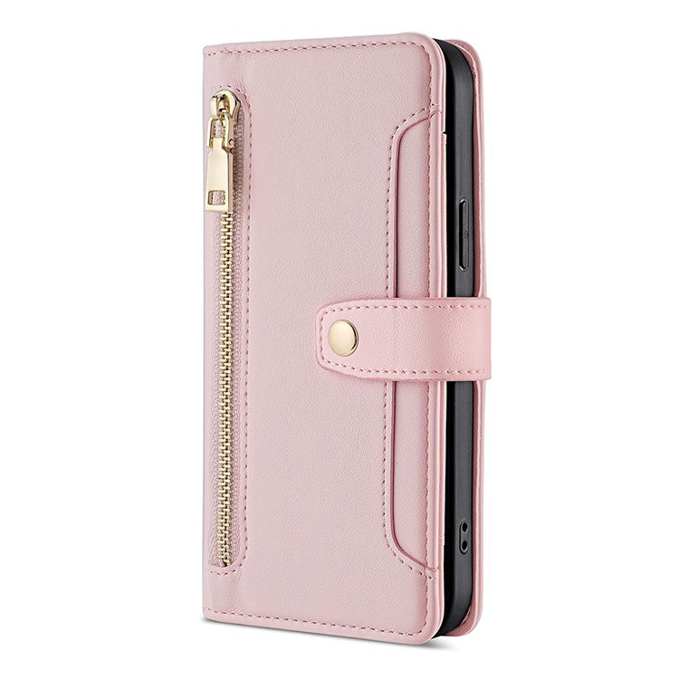 Zipper Pocket Phone Case for Oppo Reno8 T 4G Card Slots Leather Stand Phone Cover with Straps - Pink