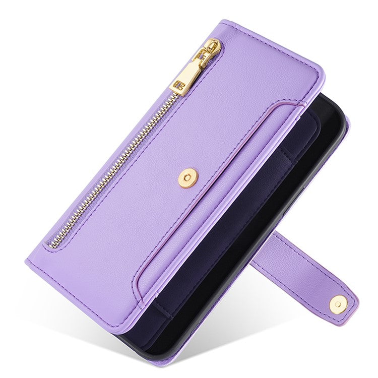 Zipper Pocket Phone Case for Oppo Reno8 T 4G Card Slots Leather Stand Phone Cover with Straps - Purple