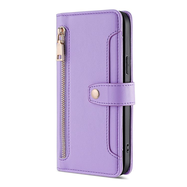 Zipper Pocket Phone Case for Oppo Reno8 T 4G Card Slots Leather Stand Phone Cover with Straps - Purple