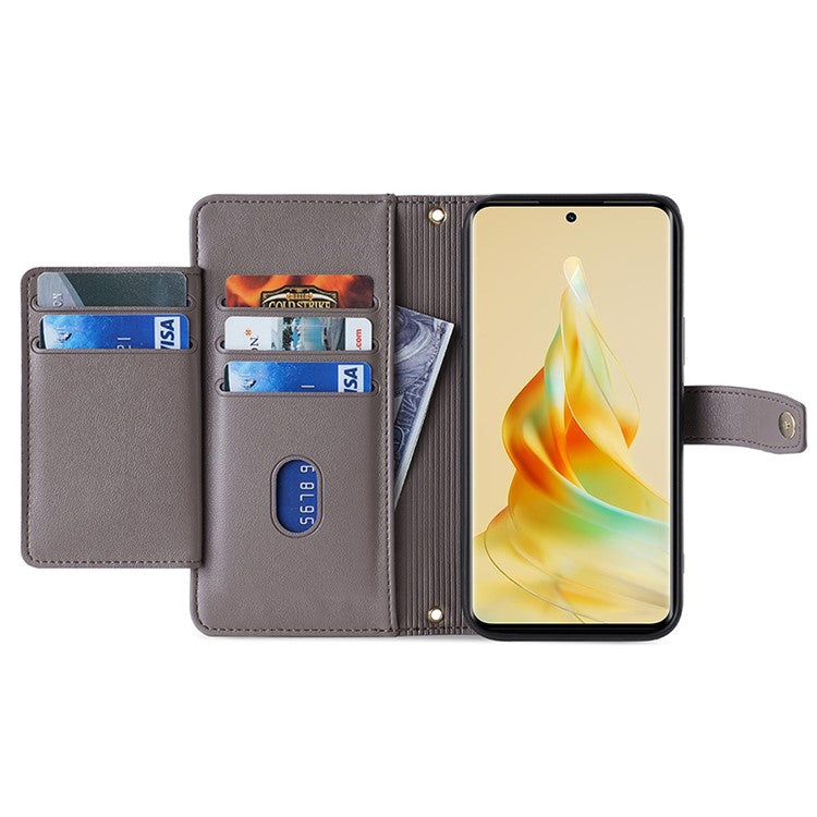 Zipper Pocket Phone Case for Oppo Reno8 T 4G Card Slots Leather Stand Phone Cover with Straps - Grey