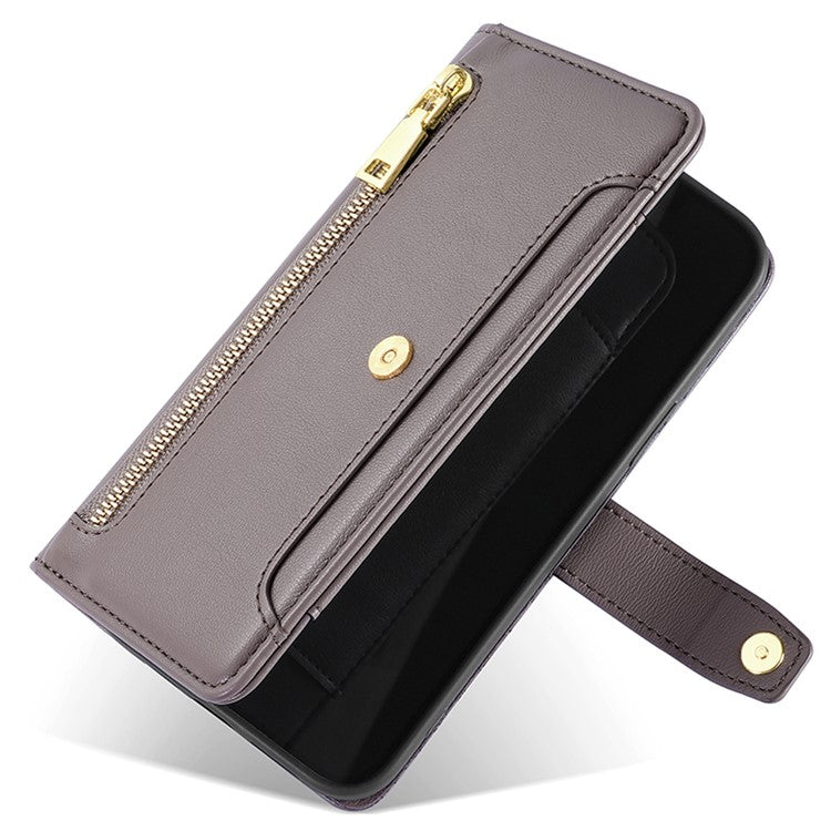 Zipper Pocket Phone Case for Oppo Reno8 T 4G Card Slots Leather Stand Phone Cover with Straps - Grey