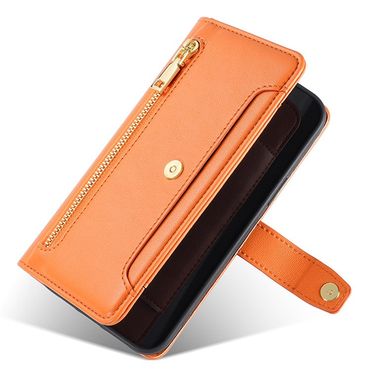 Zipper Pocket Phone Case for Oppo Reno8 T 4G Card Slots Leather Stand Phone Cover with Straps - Orange