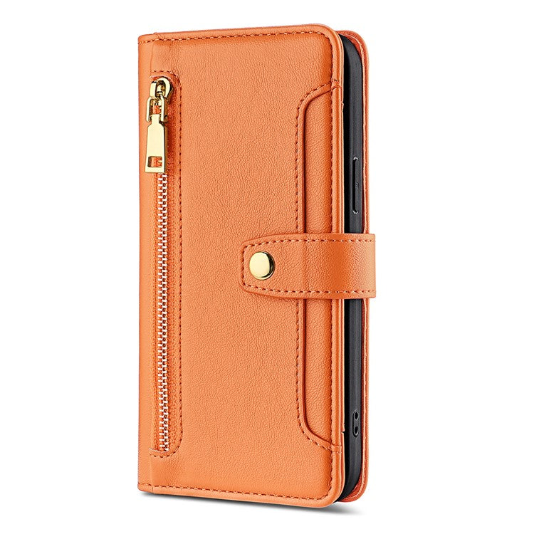 Zipper Pocket Phone Case for Oppo Reno8 T 4G Card Slots Leather Stand Phone Cover with Straps - Orange
