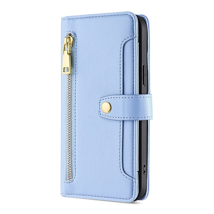 Zipper Pocket Phone Case for Oppo Reno8 T 4G Card Slots Leather Stand Phone Cover with Straps - Blue
