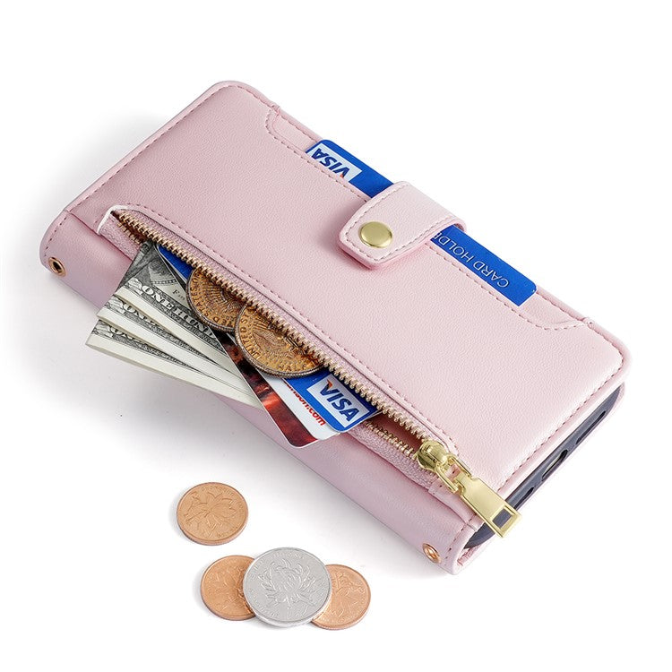Phone Case for Honor X9a 5G / X40 5G / Magic5 Lite 5G PU Leather Zipper Pocket Card Slots Phone Cover with Straps - Pink