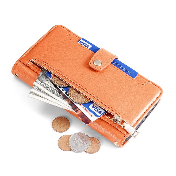 Phone Case for Honor X9a 5G / X40 5G / Magic5 Lite 5G PU Leather Zipper Pocket Card Slots Phone Cover with Straps - Orange